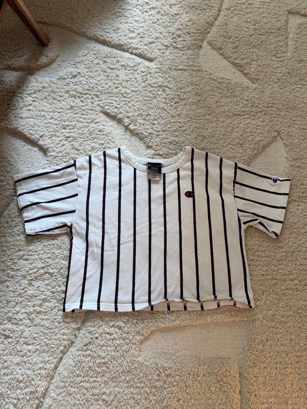 Champion White Pinstripe Cropped T-Shirt Medium